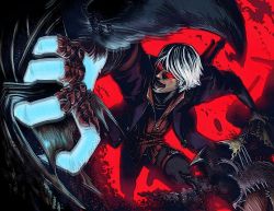 Rule 34 | 1boy, buckle, coat, demon, devil may cry (series), devil may cry 4, glowing, grabbing, imosen, male focus, nero (devil may cry), open mouth, red background, red eyes, ripping, solo, sword, weapon, white hair