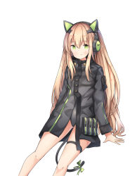 Rule 34 | 1girl, absurdres, animal ear headphones, animal ears, arm support, black jacket, black leotard, blonde hair, blush, bow, cat ear headphones, cat ears, cat tail, character name, closed mouth, fake animal ears, girls&#039; frontline, green bow, hair between eyes, headphones, highres, jacket, leotard, leotard under clothes, long hair, long sleeves, sitting, sob (submar1089), solo, tail, tail bow, tail ornament, tmp (girls&#039; frontline), very long hair, white background