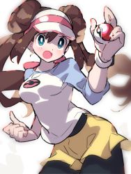Rule 34 | 1girl, black pantyhose, blue vert, blurry, blush, bow, breasts, bright pupils, brown hair, clenched hand, commentary request, creatures (company), double bun, game freak, green eyes, hair bun, holding, holding poke ball, long hair, nintendo, open mouth, pantyhose, pantyhose under shorts, pink bow, poke ball, poke ball (basic), pokemon, pokemon bw2, raglan sleeves, rosa (pokemon), short shorts, shorts, solo, tongue, twintails, visor cap, white pupils, yellow shorts