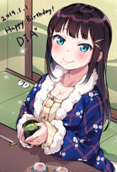Rule 34 | 10s, 1girl, black hair, blue eyes, blue robe, blush, breasts, character name, chopsticks, cleavage, collarbone, cup, dated, food, fur trim, green tea, hair ornament, hairclip, happy birthday, highres, holding, holding cup, indoors, kurosawa dia, long hair, looking at viewer, love live!, love live! school idol festival, love live! sunshine!!, medium breasts, mochi, mole, mole under mouth, plaid, robe, sitting, smile, snow rabbit, solo, sparkle, sweater, tea, tem10, yellow sweater
