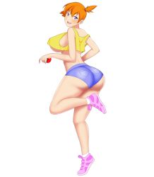 Rule 34 | 1girl, ass, blue eyes, blue shorts, blush, breasts, cameltoe, creatures (company), denim, denim shorts, female focus, game freak, hair ornament, huge ass, large breasts, lips, mangakay84, misty (pokemon), nintendo, orange hair, poke ball, pokemon, pokemon (anime), pokemon (classic anime), shiny clothes, shiny skin, shoes, short hair, short ponytail, short shorts, shorts, sideboob, socks, solo, tank top, thick thighs, thighs, underboob