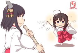 Rule 34 | 2girls, :3, aged down, ahoge, alternate costume, artist logo, black hair, blue eyes, bow, braid, broom, brown hair, child, commentary request, dated, gohei, hair bow, hair ornament, hair over shoulder, hakama, hakama skirt, highres, holding, holding broom, japanese clothes, kanon (kurogane knights), kantai collection, long sleeves, miko, multiple girls, one-hour drawing challenge, open mouth, red bow, red eyes, red hakama, shigure (kancolle), short hair, simple background, single braid, skirt, smile, sparkle, tabi, white background, wide sleeves, yamashiro (kancolle)