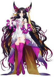 Rule 34 | 1girl, black hair, breasts, chest tattoo, facial mark, fate/grand order, fate (series), forehead mark, full body, heart pasties, high heels, highres, holding, holding microphone, horn ornament, horn ring, horns, iiiroha, large breasts, long hair, microphone, pasties, purple footwear, purple thighhighs, sessyoin kiara, simple background, solo, standing, tattoo, thigh strap, thighhighs, very long hair, wavy hair, white background, yellow eyes
