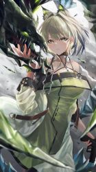 Rule 34 | 1girl, absurdres, animal ear fluff, animal ears, arknights, bare shoulders, breasts, cat ears, closed mouth, coat, collarbone, cowboy shot, dress, green dress, green eyes, grey hair, gun, highres, holding, holding gun, holding weapon, kal&#039;tsit (arknights), long sleeves, looking at viewer, medium breasts, mon3tr (arknights), monge baby, monster, open clothes, open coat, short hair, solo, trigger discipline, weapon, white coat, wristband