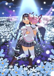 Rule 34 | 2girls, akemi homura, asymmetrical hair, backlighting, black hair, black hairband, black pantyhose, black skirt, brown footwear, cloud, collared shirt, commentary request, crying, crying with eyes open, empty eyes, facing away, field, floating hair, flower, flower field, from behind, frown, full body, furrowed brow, hair ribbon, hairband, hands on another&#039;s back, highres, hug, juliet sleeves, kaname madoka, kneeling, light particles, loafers, long hair, long sleeves, looking away, mahou shoujo madoka magica, mahou shoujo madoka magica: hangyaku no monogatari, mitakihara school uniform, multiple girls, nape, nature, night, night sky, no nose, outdoors, pantyhose, parted lips, pink hair, plaid, plaid skirt, pleated skirt, puffy sleeves, purple flower, red ribbon, ribbon, sad, school uniform, shadow, shirt, shoes, short twintails, skirt, sky, spotlight, star (sky), starry sky, streaming tears, tears, thighhighs, thighs, transparent wings, twintails, ultimate madoka, uniform, white flower, white legwear, wings, yooki (winter cakes)
