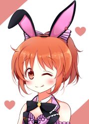 Rule 34 | 10s, 1girl, abe nana, absurdres, animal ears, bad id, bad pixiv id, blush, breasts, brown eyes, chibi, cleavage, deyui, fake animal ears, heart, highres, idolmaster, idolmaster cinderella girls, large breasts, looking at viewer, one eye closed, rabbit ears, short hair, short ponytail, smile, solo, tongue, tongue out, upper body