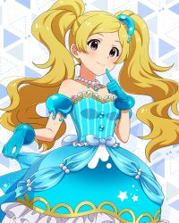Rule 34 | 1girl, blonde hair, blue dress, card (medium), dress, emily stewart, frilled dress, frills, gloves, grey eyes, hat, idolmaster, idolmaster million live!, idolmaster million live! theater days, jewelry, mini hat, necklace, official art, pearl necklace, smile, solo, twintails