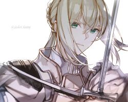 Rule 34 | 1boy, armor, bedivere (fate), blonde hair, braid, closed mouth, fate/grand order, fate (series), green eyes, hair between eyes, holding, knights of the round table (fate), koshika rina, long hair, looking at viewer, male focus, ponytail, solo, sword, weapon