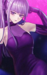 Rule 34 | 1girl, arm up, bare shoulders, blunt bangs, bow, breasts, closed mouth, collarbone, covered collarbone, cowboy shot, danganronpa: trigger happy havoc, danganronpa (series), danganronpa 10th anniversary costume, dress, elbow gloves, gloves, hand up, kirigiri kyoko, large breasts, long hair, looking at viewer, official alternate costume, pink background, ponytail, porary, purple bow, purple dress, purple eyes, purple hair, sleeveless, smile, solo, strapless, strapless dress, upper body