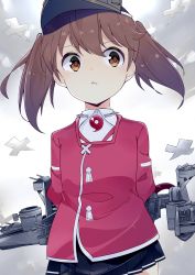 Rule 34 | 10s, 1girl, arms behind back, bad id, bad pixiv id, brown eyes, brown hair, day, grey sky, highres, inoopy, japanese clothes, kantai collection, looking at viewer, machinery, magatama, miniskirt, outdoors, pleated skirt, ryuujou (kancolle), shikigami, skirt, sky, solo, turret, twintails, visor cap