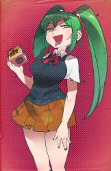Rule 34 | 1girl, black vest, blush, box, breasts, custom robo, female focus, green eyes, green nails, green socks, hair tie, half-closed eyes, halftone, hand up, happy, highres, holding, idkuroi, kneehighs, large breasts, light blush, long hair, looking at viewer, matching hair/eyes, minamo (custom robo), miniskirt, nail polish, neckerchief, open mouth, orange skirt, pleated skirt, red background, red neckerchief, school uniform, shirt, short sleeves, sidelocks, simple background, skirt, smile, socks, solo, tongue, tongue out, twintails, vest, white shirt