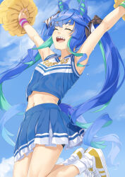Rule 34 | 1girl, :d, ^ ^, ahoge, animal ears, armpits, arms up, blue hair, blue shirt, blue skirt, blue sky, breasts, cheerleader, closed eyes, cloud, cloudy sky, commentary request, crop top, day, horse ears, horse girl, horse tail, long hair, midriff, miri (ago550421), multicolored hair, navel, open mouth, outdoors, pleated skirt, pom pom (cheerleading), sharp teeth, shirt, shoes, sidelocks, skirt, sky, sleeveless, sleeveless shirt, small breasts, smile, socks, solo, tail, teeth, twin turbo (umamusume), twintails, two-tone hair, umamusume, very long hair, white socks, yellow footwear