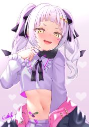 Rule 34 | 1girl, bandaid on stomach, black neckwear, black ribbon, blunt bangs, blush, chinese commentary, commentary request, crop top, fang, frills, gmkj, hair ornament, hair ribbon, heart, heart background, highres, hololive, jacket, jewelry, long hair, long sleeves, looking at viewer, mask, mask pull, mouth mask, murasaki shion, navel, open mouth, ribbon, ring, saliva, silver hair, simple background, skirt, solo, twintails, virtual youtuber, yellow eyes
