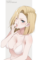 Rule 34 | 1girl, android 18, artist name, bare shoulders, bikini, blonde hair, blue eyes, blush, breasts, cleavage, collarbone, cum, dragon ball, dragonball z, earrings, facial, forehead, highres, jewelry, large breasts, looking at viewer, navel, one eye closed, open mouth, parted bangs, solo, swimsuit, tofuubear, tongue, tongue out, white bikini
