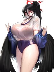 Rule 34 | 1girl, absurdres, black hair, black wings, blue archive, blue buruma, blue jacket, blush, breasts, buruma, cleavage, collarbone, gym shirt, hair between eyes, halo, hasumi (blue archive), hasumi (track) (blue archive), highres, huge breasts, jacket, jacket on shoulders, k jin, long hair, looking at viewer, ponytail, see-through, see-through shirt, shirt, simple background, solo, sweat, very long hair, white background, white shirt, wings