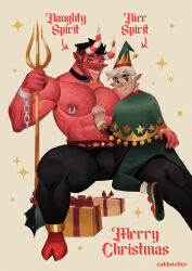 Rule 34 | 2boys, abs, absurdres, armpit hair, armpit hair peek, bara, beard stubble, box, bulge, caldatelier, christmas, colored skin, contrast, couple, demon boy, demon horns, demon tail, elf, english text, facial hair, full body, gift, gift box, hat, highres, horns, interspecies, large pectorals, long tongue, looking at viewer, male focus, merry christmas, multicolored horns, multiple boys, muscular, muscular male, mustache stubble, navel, navel hair, nipple piercing, nipple rings, nipples, original, pectorals, piercing, planted, pointy ears, polearm, red skin, seductive smile, short hair, size difference, smile, spread legs, stubble, tail, thick eyebrows, thick thighs, thigh straddling, thighs, tongue, tongue out, topless male, trident, weapon, yaoi