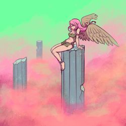 Rule 34 | 1girl, above clouds, akairiot, barefoot, brown wings, cloud, column, expressionless, feathered wings, highres, long hair, navel, original, pillar, pink hair, pointy ears, profile, smoke, solo, wide shot, wings