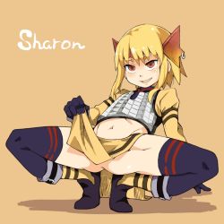 Rule 34 | 1girl, armor, black gloves, blonde hair, character name, commentary, fang, full body, gensou suikoden, gensou suikoden iii, gloves, headgear, long bangs, midriff, navel, open mouth, red eyes, sharon (suikoden), short hair, smirk, solo, thighhighs, yucopi