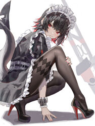 Rule 34 | 1girl, absurdres, arm support, black dress, black footwear, black hair, black pantyhose, dress, ellen joe, fins, fish tail, hidulume, high heels, highres, knee up, looking at viewer, maid, maid headdress, mouth hold, nail polish, pantyhose, red eyes, scar, scar on tail, shark tail, short hair, simple background, solo, tail, white background, zenless zone zero