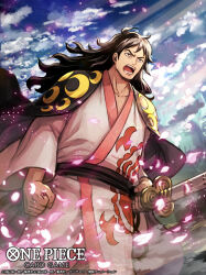 Rule 34 | 1boy, black hair, clenched hand, commentary request, copyright name, haori, holding, holding sword, holding weapon, japanese clothes, kimono, kouzuki momonosuke, long hair, looking ahead, male focus, nijihayashi, official art, one piece, one piece card game, open mouth, petals, pink kimono, pink petals, sash, sky, solo, sword, v-shaped eyebrows, weapon, wind