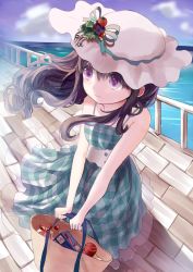Rule 34 | 1girl, bad id, bad pixiv id, bag, brown eyes, brown hair, dress, from above, hat, holding, long hair, opopowa, original, plaid, plaid dress, smile, solo, sun hat, v arms, wind