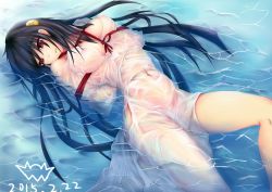 Rule 34 | 1girl, arms behind back, bad id, bad pixiv id, bdsm, bianfu yeyue, black hair, bondage, bound, breasts, covered erect nipples, dress, hair ornament, highres, large breasts, long hair, nipples, red eyes, see-through, shibari, solo, water, wet, wet clothes, wet dress