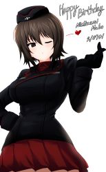 Rule 34 | 1girl, ;o, absurdres, aikir (jml5160), birthday, black gloves, black hat, black jacket, blowing kiss, brown eyes, brown hair, character name, commentary, cowboy shot, cursive, dated, dress shirt, english text, garrison cap, girls und panzer, gloves, half-closed eye, hand on own hip, happy birthday, hat, heart, highres, insignia, jacket, kuromorimine military uniform, long sleeves, looking at viewer, military, military hat, military uniform, miniskirt, nishizumi maho, one eye closed, parted lips, pleated skirt, red shirt, red skirt, shirt, short hair, simple background, skirt, solo, standing, uniform, white background, wing collar