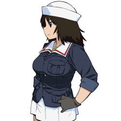 Rule 34 | 1girl, black eyes, black gloves, black hair, closed mouth, commentary, dixie cup hat, girls und panzer, gloves, hands on own hips, hat, highres, light frown, long hair, looking to the side, military hat, murakami (girls und panzer), onsen tamago (hs egg), ooarai military uniform, simple background, sleeves rolled up, solo, standing, white background, white hat