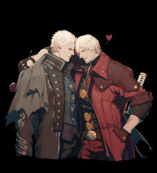 Rule 34 | 2boys, absurdres, belt, black belt, black coat, black gloves, black pants, black shirt, blue vest, brothers, closed mouth, coat, dante (devil may cry), devil may cry (series), flower, gloves, heart, high collar, highres, holding, long coat, looking at another, looking at viewer, male focus, multiple boys, open clothes, open coat, pants, red coat, red flower, red pants, red rose, rose, shirt, short hair, siblings, sword, vergil (devil may cry), vest, vetania, weapon, weapon on back, white hair