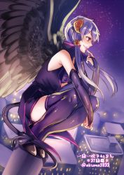 Rule 34 | 1girl, alternate costume, alternate eye color, bad id, bad pixiv id, black wings, bridal gauntlets, brown footwear, city, demon girl, demon tail, dutch angle, feathered wings, finger to mouth, from above, from side, full body, gloves, hair tubes, high collar, highres, horns, jewelry, kitasaya ai, night, night sky, pointy ears, profile, purple gloves, purple hair, purple legwear, purple lips, purple sky, red eyes, ring, shoes, short hair with long locks, shorts, sky, sleeveless, solo, squatting, tail, twitter username, vocaloid, voiceroid, wind, wings, yuzuki yukari
