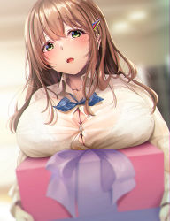 Rule 34 | 1girl, blurry, blurry background, blush, box, bra visible through clothes, breasts, brown hair, buttons, collarbone, collared shirt, gift, green eyes, hair between eyes, hair ornament, hairclip, highres, holding, holding box, large breasts, lips, long hair, long sleeves, looking at viewer, open mouth, original, parted lips, purple ribbon, ribbon, shirt, solo, upper body, valentine, yellow shirt, yutsuki tsuzuri, yuzuki tsuzuru