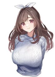 Rule 34 | 1girl, absurdres, arms behind back, blush, bra visible through clothes, breasts, brown hair, cropped torso, highres, huge breasts, idolmaster, idolmaster shiny colors, light smile, long hair, looking at viewer, pekoni (peconi), red eyes, simple background, solo, sweater, tsukioka kogane, very long hair, white background, white sweater