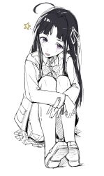 Rule 34 | 1girl, ahoge, awa subaru, black hair, blush, bow, bowtie, chinese commentary, comfort zoner, commentary request, full body, girls band cry, greyscale, hair ribbon, highres, hugging own legs, jacket, loafers, long hair, long sleeves, looking at viewer, monochrome, open mouth, parted bangs, pleated skirt, purple eyes, ribbon, school uniform, shoes, sidelocks, simple background, sitting, skirt, solo, spot color, star (symbol), white background, white ribbon