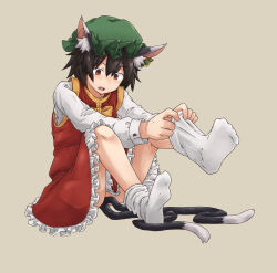 Rule 34 | 1girl, adjusting sock, animal ear fluff, animal ears, black hair, bow, bowtie, brown hair, cat ears, cat tail, chagamaka, chen, earrings, full body, gold trim, green hat, hat, highres, jewelry, knees up, long sleeves, loose socks, mob cap, multiple tails, nekomata, open mouth, red skirt, red vest, short hair, single earring, sitting, skirt, skirt set, socks, solo, tail, teeth, touhou, two tails, vest, white socks, yellow bow, yellow bowtie