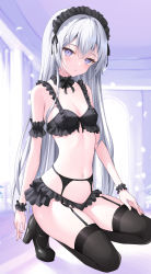 Rule 34 | 1girl, absurdres, arm at side, arm garter, bare arms, bare shoulders, bikini, bikini skirt, black bikini, black footwear, black garter, black garter belt, black skirt, black thighhighs, black wrist cuffs, blurry, blurry background, breasts, cleavage, frilled bikini, frilled cuffs, frilled garter, frilled skirt, frills, front-tie bikini top, front-tie top, full body, garter belt, hand on own thigh, high heels, highres, indoors, linea alba, lis 111, long hair, looking at viewer, microskirt, navel, on one knee, original, parted lips, purple eyes, sidelocks, skirt, small breasts, solo, stomach, straight hair, swimsuit, thighhighs, very long hair, white hair, wrist cuffs