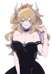 Rule 34 | 1girl, absurdres, armlet, bare shoulders, black dress, blonde hair, blue eyes, bowsette, bracelet, breasts, brooch, collar, collarbone, commentary request, covered navel, dress, earrings, fingernails, hair between eyes, higashino, highres, jewelry, large breasts, long fingernails, long hair, looking at viewer, mario (series), nail polish, new super mario bros. u deluxe, nintendo, ponytail, simple background, sleeveless, sleeveless dress, smile, solo, spiked armlet, spiked bracelet, spiked collar, spikes, strapless, strapless dress, super crown, white background, wide ponytail