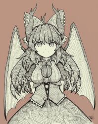 1girl absurdres adapted_costume alternate_wings arms_behind_back bow bowtie breasts brown_background center_frills closed_mouth commentary cowboy_shot dragon_horns dragon_wings english_commentary frilled_bow frilled_vest frills greyscale hair_bow highres horns large_breasts light_smile long_hair looking_at_viewer monochrome puffy_short_sleeves puffy_sleeves reiuji_utsuho short_sleeves simple_background skirt solo thatkirisame third_eye_on_chest touhou vest wings