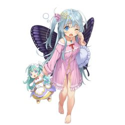 Rule 34 | 1girl, antenna hair, barefoot, black wings, blouse, blue eyes, brave sword x blaze soul, butterfly wings, doll, full body, hair ornament, holding, holding doll, holding pillow, insect wings, jewelry, long hair, long sleeves, necklace, no pants, one side up, open mouth, panties, pantyshot, partially unbuttoned, pillow, pink panties, shirt, silver hair, simple background, solo, tears, titania (brave sword x blaze soul), underwear, white background, wince, wings