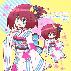 Rule 34 | 1girl, 2021, :3, blush, chibi, clenched hands, flower, green eyes, happy new year, highres, japanese clothes, kimono, looking at viewer, luluco, mimi kiri, multiple views, new year, obi, open hand, pink flower, red hair, sash, short hair, short sidetail, side ponytail, smile, star (symbol), uchuu patrol luluco, v-shaped eyebrows, yukata