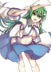 Rule 34 | 1girl, :d, arm up, armpits, bare shoulders, blue skirt, breasts, detached sleeves, frog hair ornament, green eyes, green hair, hair ornament, hair tubes, janne cherry, japanese clothes, kochiya sanae, large breasts, leaning forward, long hair, long sleeves, looking at viewer, matching hair/eyes, miko, navel, no bra, no panties, oonusa, open mouth, skirt, smile, solo, touhou, unbuttoned, underboob, white background, wide sleeves