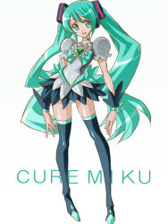 Rule 34 | 1girl, aqua eyes, bad hands, bad id, bad pixiv id, character name, dodai shouji, green hair, hatsune miku, heart, heartcatch precure!, legs, long hair, panties, pantyshot, parody, precure, simple background, skirt, solo, striped clothes, striped panties, thighhighs, twintails, underwear, upskirt, very long hair, vocaloid