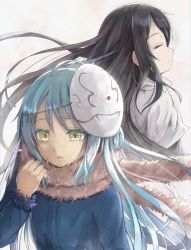 Rule 34 | 10s, 1girl, 1other, androgynous, black hair, blue hair, blue jacket, closed eyes, closed mouth, commentary, english commentary, fur-trimmed jacket, fur collar, fur trim, grey background, hair between eyes, hand up, highres, hikari niji, izawa shizue, jacket, layered sleeves, light smile, long hair, long sleeves, mask, mask on head, multiple girls, rimuru tempest, short over long sleeves, short sleeves, tensei shitara slime datta ken, very long hair, white jacket, yellow eyes