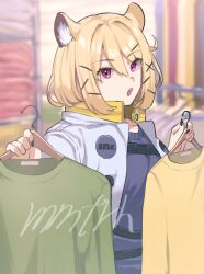 Rule 34 | 1girl, animal ear fluff, arknights, black nails, blonde hair, holding, holding clothes, indoors, jacket, looking at viewer, memetaroh, purple eyes, short hair, solo, upper body, utage (arknights), white jacket