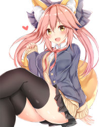 Rule 34 | 10s, 1girl, alternate costume, alternate hairstyle, animal ears, ass, blush, breasts, casual, cleavage, collarbone, commentary request, fang, fate/extella, fate/extra, fate/grand order, fate (series), fox ears, fox tail, heart, highres, large breasts, crossed legs, looking at viewer, necktie, one eye closed, open mouth, pikacchi, pink hair, school uniform, sitting, skirt, sleeves past wrists, smile, solo, tail, tamamo (fate), tamamo no mae (fate/extra), yellow eyes