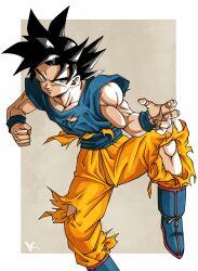 Rule 34 | 1boy, black hair, blue footwear, blue shirt, boots, character request, clenched hand, dragon ball, highres, kakeru (dbskakeru), looking at viewer, male focus, orange pants, outside border, pants, shirt, short hair, simple background, solo, spiked hair, toriyama akira (style), torn clothes