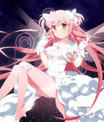 Rule 34 | 10s, 1girl, bad id, bad pixiv id, bow, breasts, cleavage, cleavage cutout, clothing cutout, dress, gloves, hair bow, hair ribbon, kaname madoka, kneehighs, long hair, mahou shoujo madoka magica, mahou shoujo madoka magica (anime), monami, pink hair, ribbon, smile, socks, solo, spoilers, thighhighs, twintails, two side up, ultimate madoka, white gloves, wings, yellow eyes