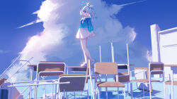 Rule 34 | 1girl, absurdres, arona (blue archive), blue archive, blue eyes, blue hair, blue halo, blue shirt, blue sky, chair, cloud, cloudy sky, colored inner hair, commentary, cumulonimbus cloud, day, desk, full body, hair over one eye, hair ribbon, halo, hayama salt, highres, long sleeves, looking at viewer, multicolored hair, one eye covered, open mouth, outdoors, pink hair, ribbon, school chair, school desk, school uniform, serafuku, shirt, shoes, short hair, skirt, sky, smile, solo, standing, white ribbon, white skirt