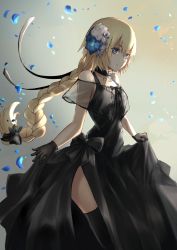 Rule 34 | 1girl, black bow, black dress, black gloves, black thighhighs, blonde hair, blue eyes, blue flower, bow, braid, braided ponytail, choker, cowboy shot, dress, fate/apocrypha, fate/grand order, fate (series), floating hair, flower, gloves, hair between eyes, hair bow, hair flower, hair ornament, highres, jeanne d&#039;arc (fate), jeanne d&#039;arc (formal dress) (fate), jeanne d&#039;arc (ruler) (fate), jewelry, kaze minoru so-ru, long hair, looking at viewer, low-tied long hair, necklace, petals, ponytail, single braid, skirt hold, sleeveless, sleeveless dress, solo, standing, thighhighs, very long hair, white flower