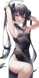 Rule 34 | 1girl, absurdres, armpits, bad id, bad twitter id, black dress, black gloves, black hair, blue archive, breasts, butterfly hair ornament, china dress, chinese clothes, dasha, double bun, dragon print, dress, gloves, grey eyes, hair bun, hair ornament, halo, highres, kisaki (blue archive), long hair, looking at viewer, open mouth, pelvic curtain, print dress, sleeveless, sleeveless dress, small breasts, solo, sweat, thighs, twintails, white background