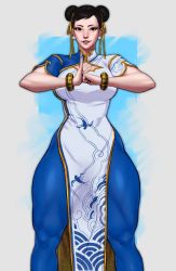 Rule 34 | 1girl, aoranpb, black eyes, black hair, blue dress, blue pants, bracelet, breasts, capcom, china dress, chinese clothes, chun-li, cleavage cutout, clothing cutout, commentary, double bun, dress, earrings, english commentary, eyeshadow, hair bun, hair ribbon, highres, jewelry, large breasts, light smile, lips, looking at viewer, makeup, muscular, muscular female, narrow waist, nose, palm-fist greeting, pants, pelvic curtain, red eyeshadow, ribbon, short hair, short sleeves, solo, standing, street fighter, street fighter 6, thick thighs, thighs, tight clothes, tight pants, two-tone dress, white dress